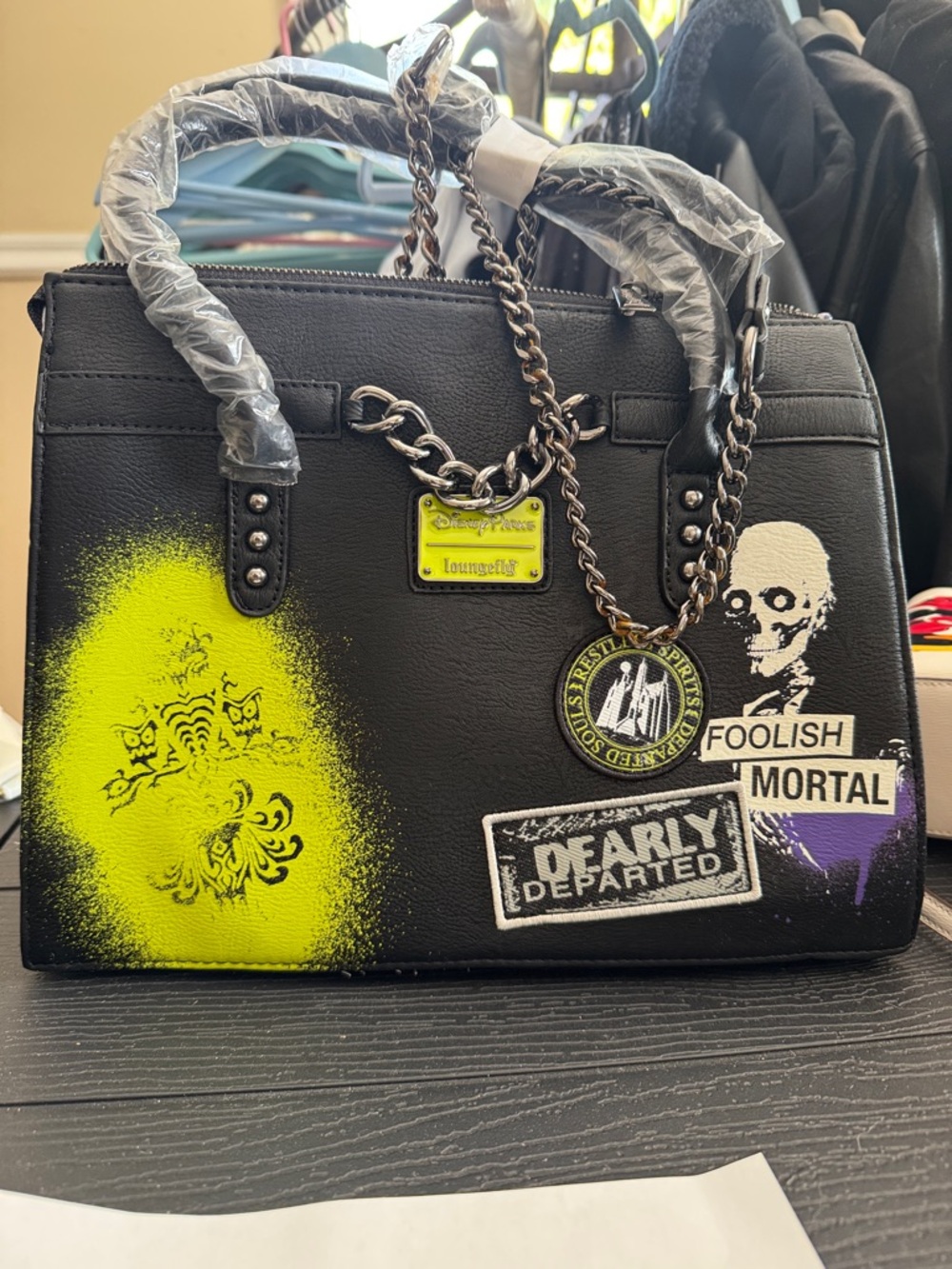 Loungefly Black Satchel with Neon Yellow and Purple Accents